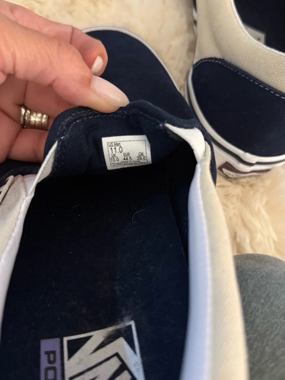 Vans Slip-On Shoe - Navy Suede Cream Canvas. Brand New, Never Worn. Men’s 11